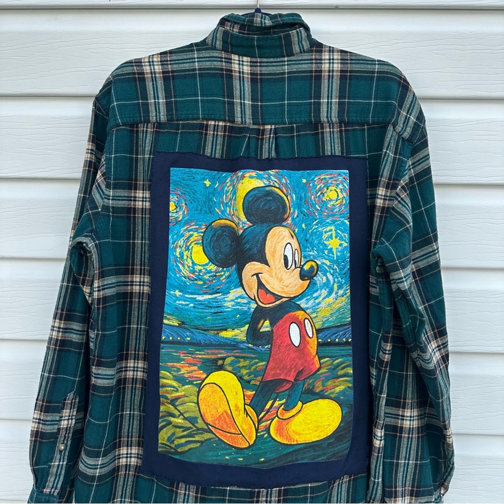 Plaid Shirt with Mickey Mouse Starry Night Design Large Handmade Custom